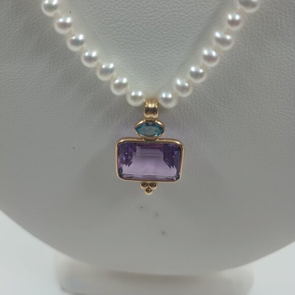 Vintage IBB Pearl Necklace with Amethyst and Topaz 14K Gold Pendant. - Picture 1 of 4